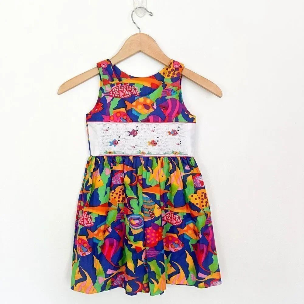 Kids SEE MEASUREMENTS Smocked Art to Wear Abstract Tropical Fish Ecosystem Wide